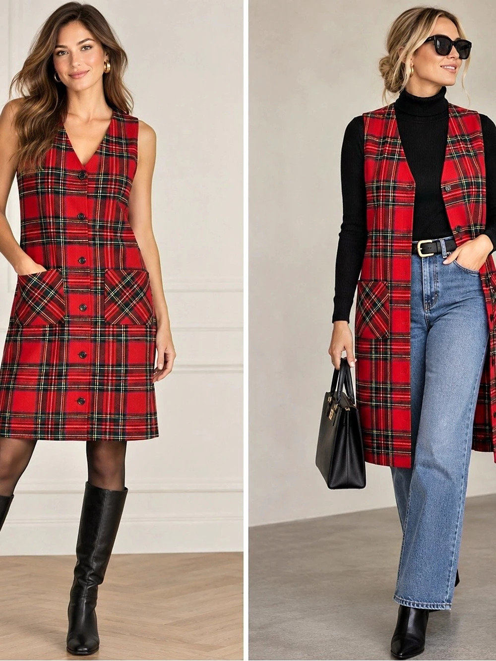 Vintage 1960s Red Tartan Plaid Shift Dress Long Vest Mod Jumper